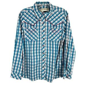 Bit & Bridal Gingham Plaid Blue Pink Pearl Snap Western Blouse Long Sleeve large